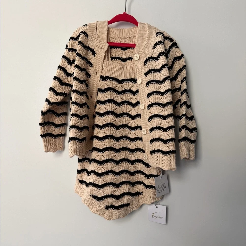 Toddler Cream and Black Striped Knit Cardigan Set - Picture 2 of 12